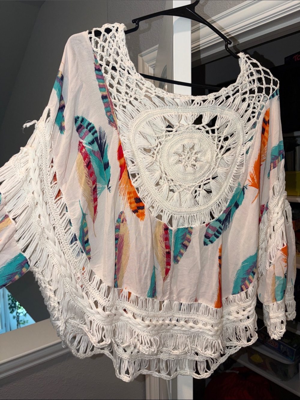 White Boho Crochet Tunic with Colorful Feather Print